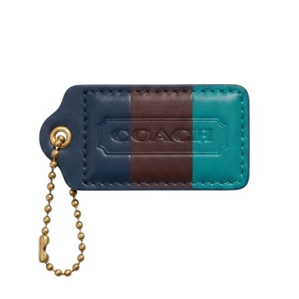 Coach Tri-Color Leather Hangtag Bag Charm Blue Brown Teal Brass Ball Chain